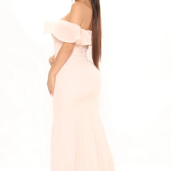 Blush Off-Shoulder Ruffle Gown | Elegant Floor-Length Dress | Size L - Picture 3 of 4